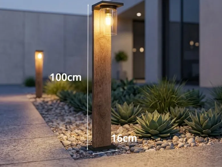 Wegeleuchte aus Aluminium Holzoptik mit E27 LED & Glasschirm, Höhe 100cm