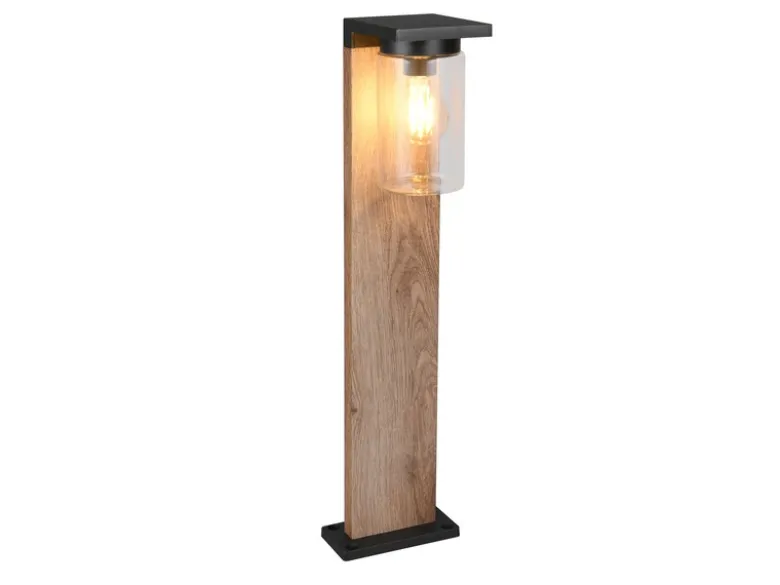 Wegeleuchte aus Aluminium Holzoptik mit E27 LED & Glasschirm, Höhe 65cm