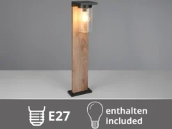 Wegeleuchte aus Aluminium Holzoptik mit E27 LED & Glasschirm, Höhe 65cm