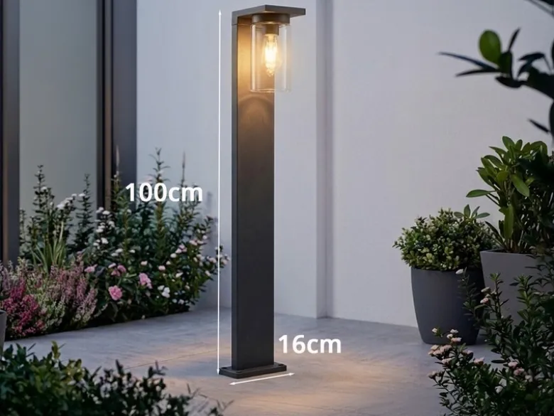 Wegeleuchte aus Aluminium Schwarz mit E27 LED & Glasschirm, Höhe 100cm