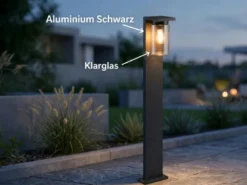 Wegeleuchte aus Aluminium Schwarz mit E27 LED & Glasschirm, Höhe 100cm