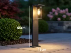 Wegeleuchte aus Aluminium Schwarz mit E27 LED & Glasschirm, Höhe 65cm