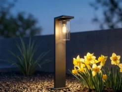 Wegeleuchte aus Aluminium Schwarz mit E27 LED & Glasschirm, Höhe 65cm
