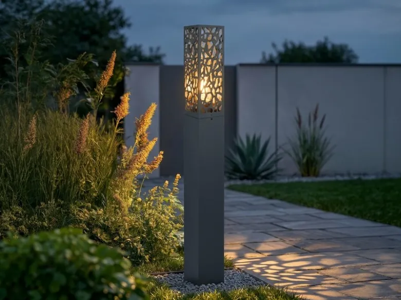 Wegeleuchte Edelstahl in Anthrazit mit E27 LED & Dekorstanzung, Höhe 100cm
