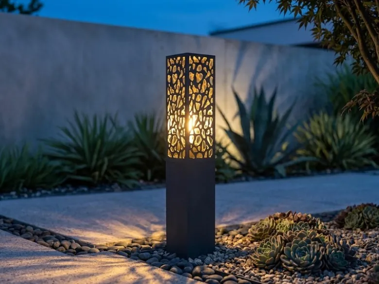 Wegeleuchte Edelstahl in Anthrazit mit E27 LED & Dekorstanzung, Höhe 60cm