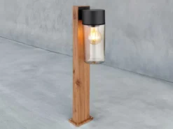 Wegeleuchte ETSI aus Edelstahl in Holzoptik mit rauchfarbigem Glas, Höhe 50cm