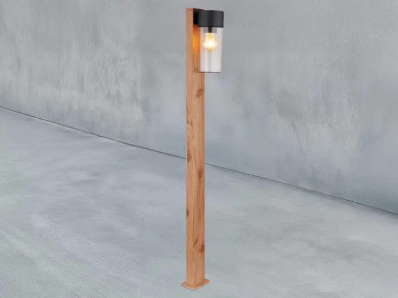 Wegeleuchte ETSI aus Edelstahl in Holzoptik mit rauchfarbigem Glas, Höhe 100cm