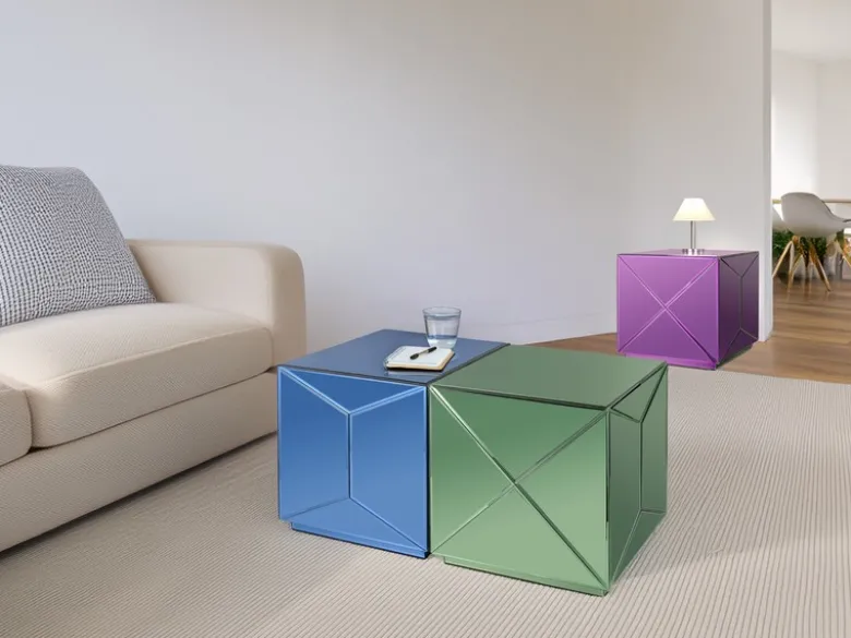 Würfel Beistelltisch 3er Set mit Spiegelglas, Höhe 40cm