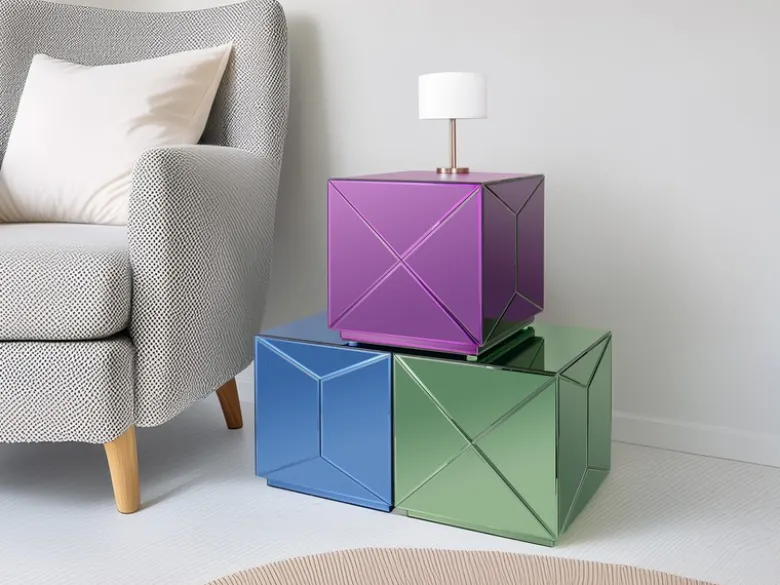 Würfel Beistelltisch 3er Set mit Spiegelglas, Höhe 40cm