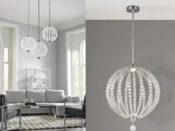 XXL LED Designer Pendelleuchte OBERLIN Kugel mit Perlen aus Kristallglas, Ø 81cm
